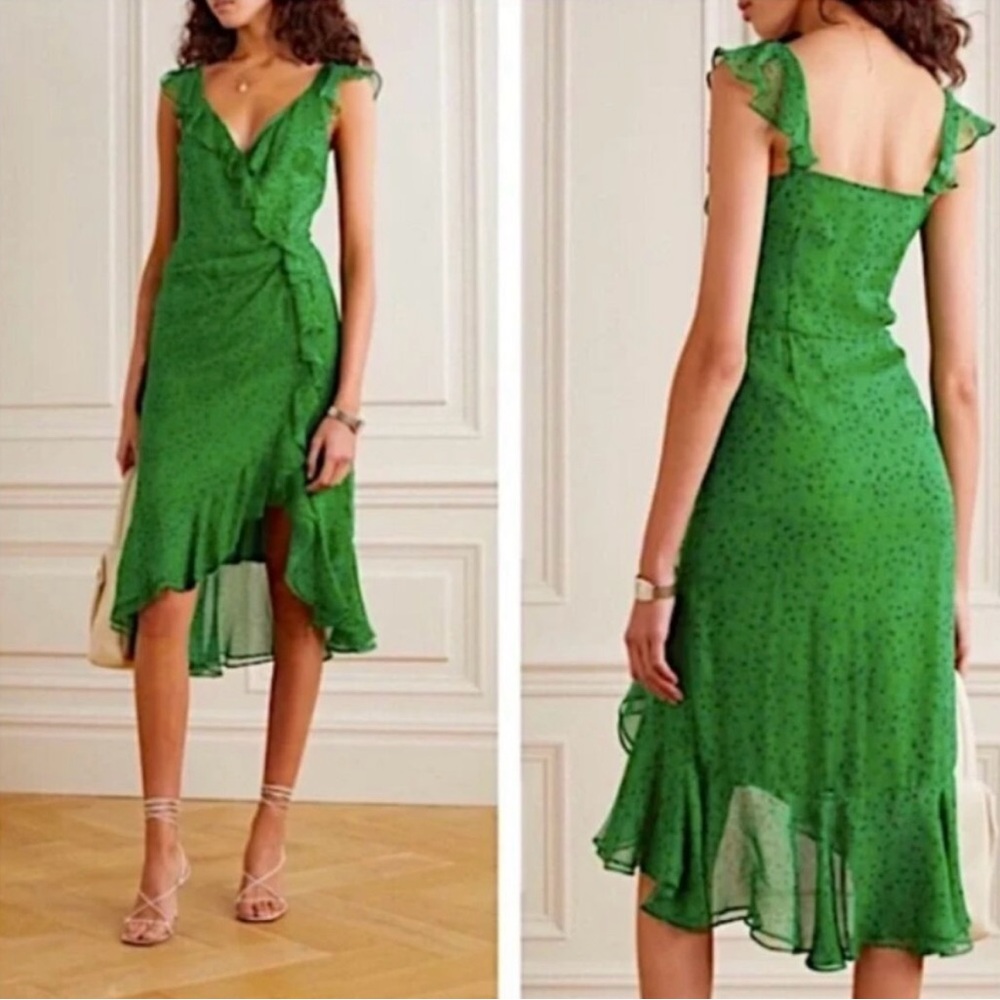 Veronica Beard Amal Ruffled Floral Green Silk-Chiffon Midi Dress